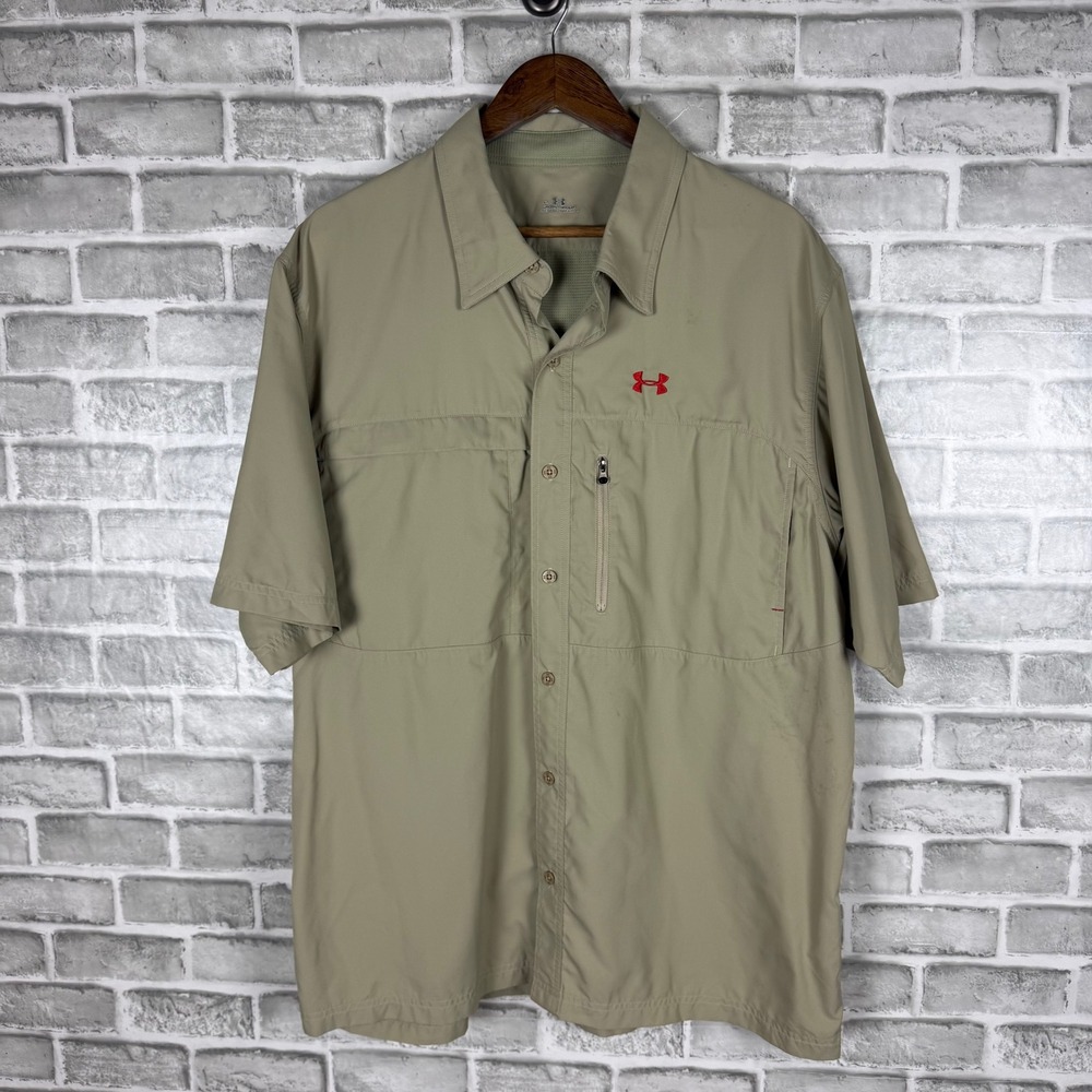 Under Armour Mens XL Tan Khaki Short Sleeve Ventilated Fishing Shirt Button Down